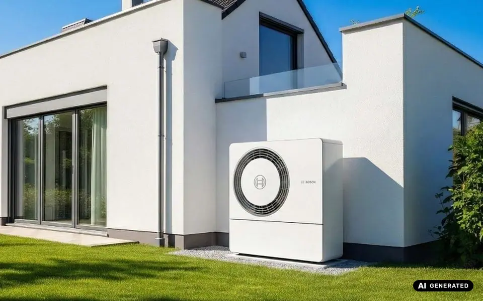 Einfamilienhaus mit Wärmepumpen-Außeneinheit im Garten (KI-generiertes Bild)